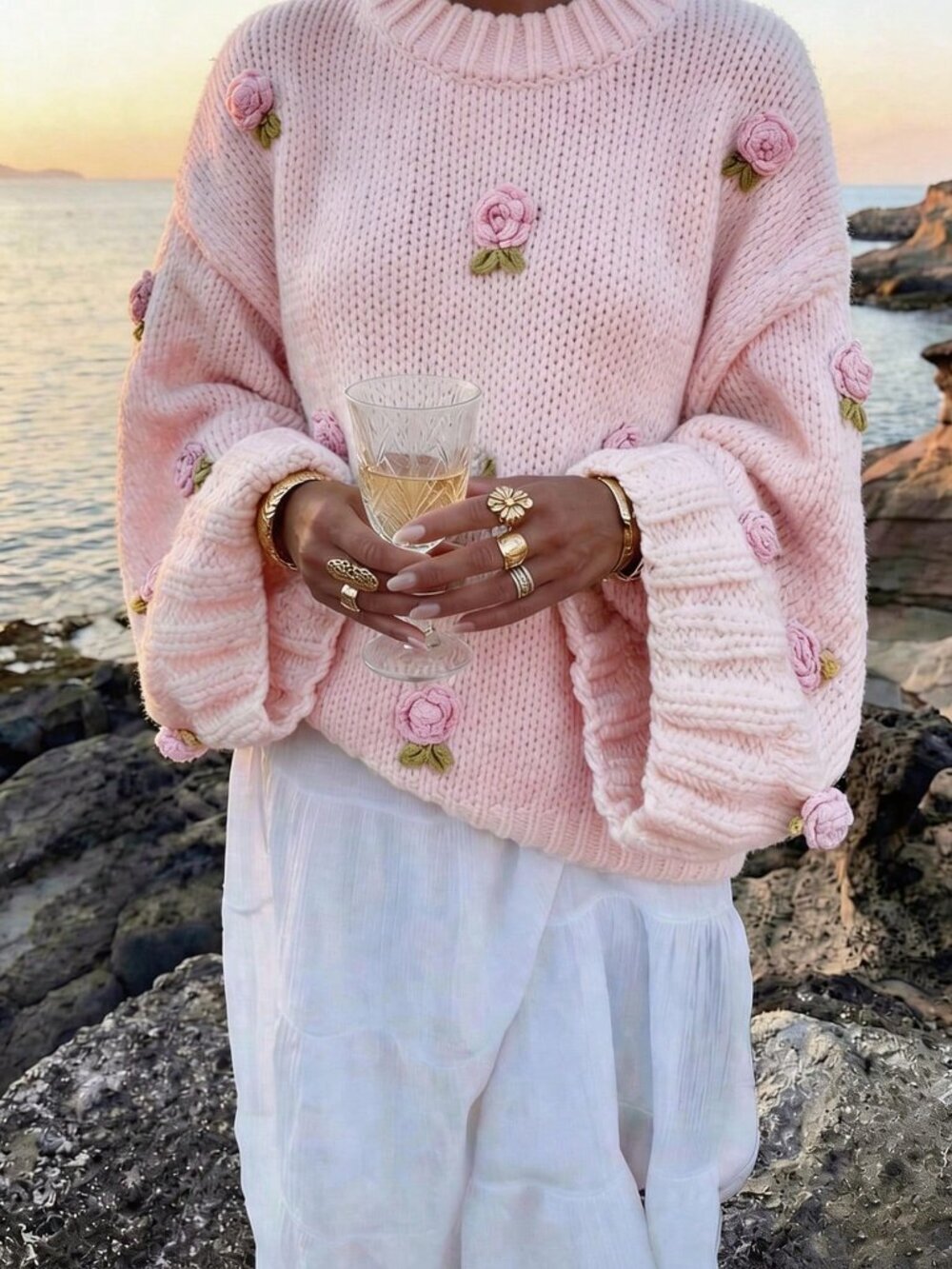 Light Pink Casual Women's Knitted 3d Floral detailed Sweater